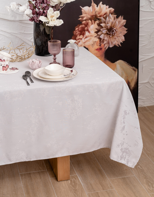 Tablecloth, 160x160 cm, polyester, light gray, Dried flowers, Dried flower