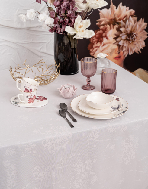 Tablecloth, 170x250cm, polyester, light grey, Dried flowers, Dried flower